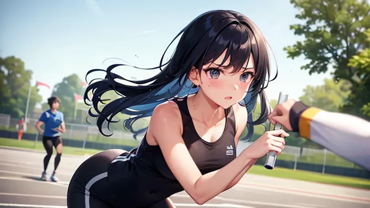 A young woman participating in a relay race at a sports festival、A scene where he tries his best to pass the baton to his teammate。My gym clothes are stuck to my sweat、The running figure expresses the passion of youth and the tension of competition.。