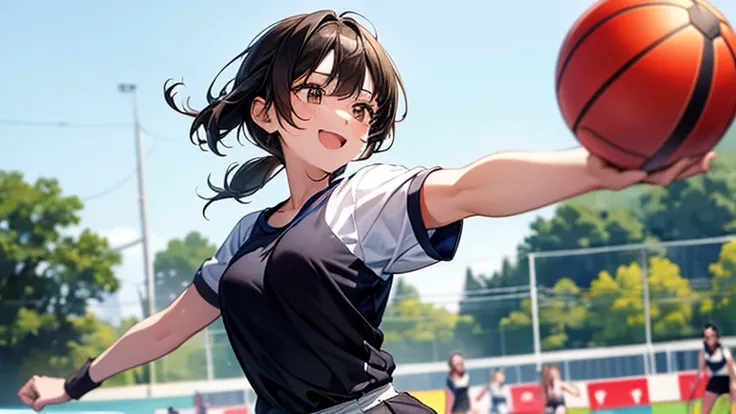 A young woman taking part in a ball throwing competition at a sports festival。The moment she throws the ball high in the air while wearing her gym clothes、A lively and fun atmosphere spread with smiles、A moment of youth is depicted。