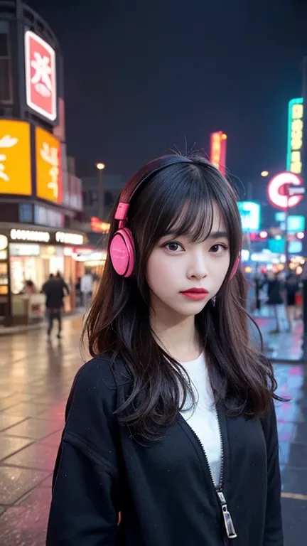 Chinese Cyberpunk BJD Doll Girl, Wearing headphones and a short black outfit, Burgundy, Cerulean and Dianthus Pink, inspired in Andre Courrèges design. She is in the rain、Walk along the riverside promenade, In a futuristic Chinese city, The facade of the b...