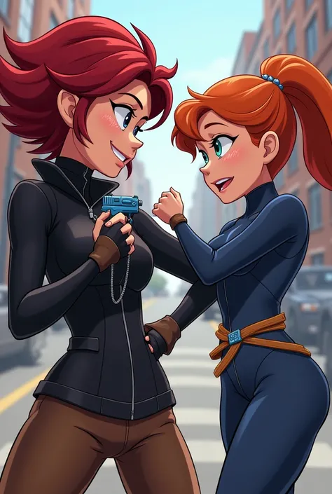 Aus Disneys Infinity-Anime-Stil: Black Widow villain My Cheeky gets tied up with a blue gun Kimberly Ann Possible Ninja Kiki&#39;s Cheeky My Evil sticks out her tongue in a mini fight with a blue gun with rope, orange hair, cool evil black jacket zipper br...