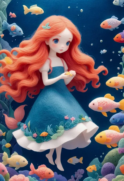 a delicate felt painting：girl with long red hair，dreamy and beautiful，fairy tale world，fish