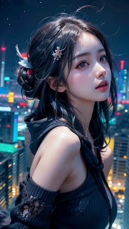 (masterpiece), Best Quality, 超High resolution,, Cyberpunk A girl flies above a fantastic city ,hoodie,Blue Hair,  Neon Colorsの流星, Long Hair, Off the shoulder, Feather hair ornament, Neon Colors, Blink, Beautiful night sky, Cinematic Lighting, Realistic, Re...