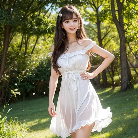 laughing out loud，Wearing a white dress with flowing lights，Wearing a romantic long dress，There is a bow on the chest，Ruffled hem，tight long skirt，summer long skirt, knee shot, Bow girdle at back，The background is grassland，1 female, light brown hair, blun...