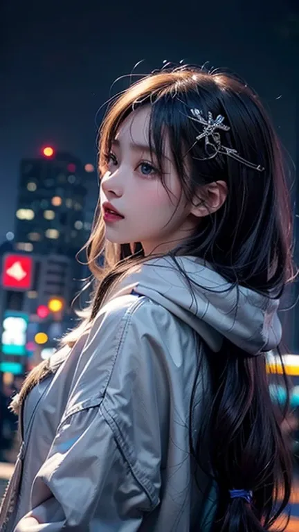 (masterpiece), Best Quality, Ultra-high resolution,Angel, Cyberpunk A girl flies above a fantastic city ,hoodie,Grey Hair,  Neon Colorsの流星, Long Hair, Off the shoulder, Feather hair ornament, Neon Colors, Blink, Beautiful night sky, Cinematic Lighting, Rea...