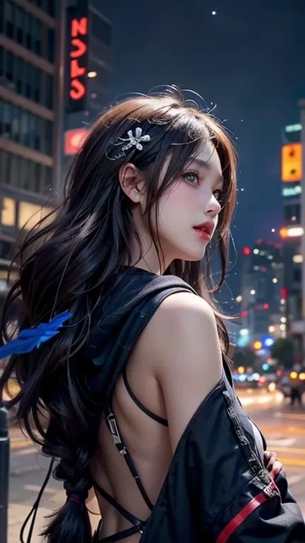 (masterpiece), Best Quality, Ultra-high resolution,Angel, Cyberpunk A girl flies above a fantastic city ,hoodie,Grey Hair,  Neon Colorsの流星, Long Hair, Off the shoulder, Feather hair ornament, Neon Colors, Blink, Beautiful night sky, Cinematic Lighting, Rea...