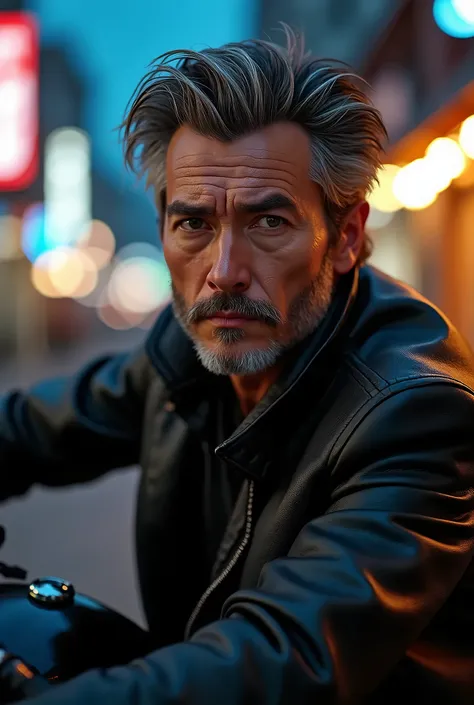 studio photo, high detail, hyper realistic, Evening city, motorcyclist, Japanese face type, light skin, biker, small beard and moustache, brunette with gray hair