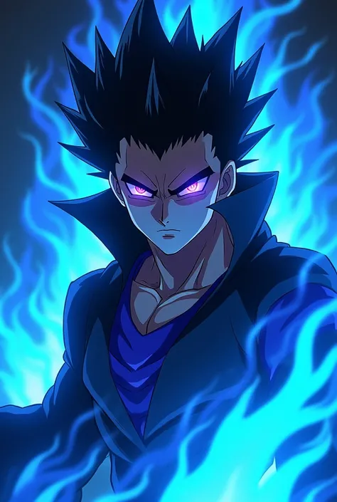 make a male anime  chracter with a purple eyes and a blue background fire as a villan 