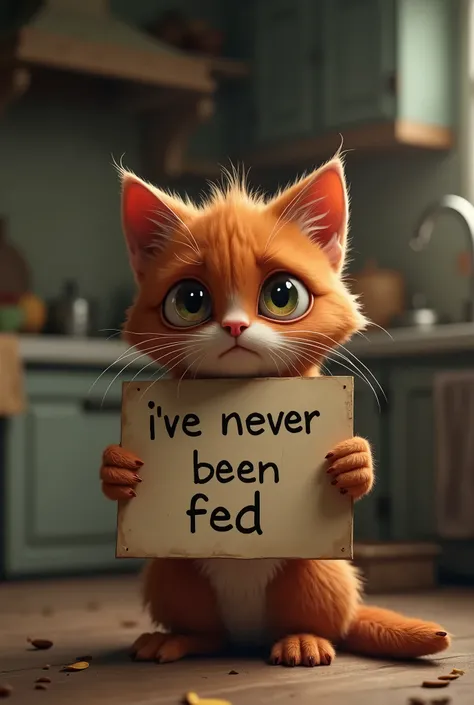 kitchen area, a sad red kitten holds a sign that says "Ive never been fed."