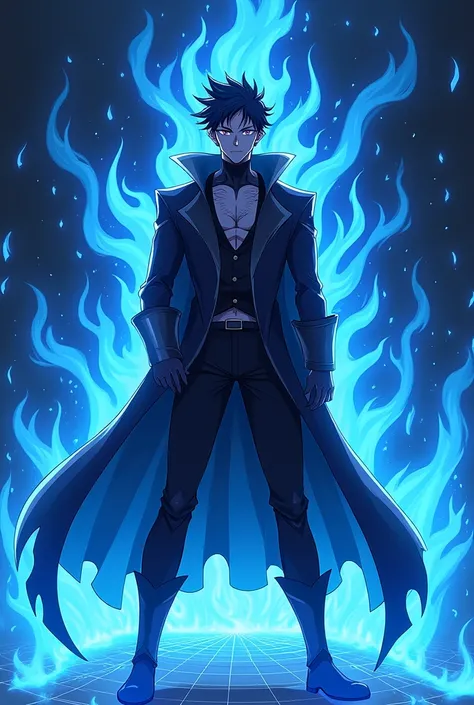 make a male anime chracter with a purple eyes and a blue background fire as a villan and give the full body of the chracter