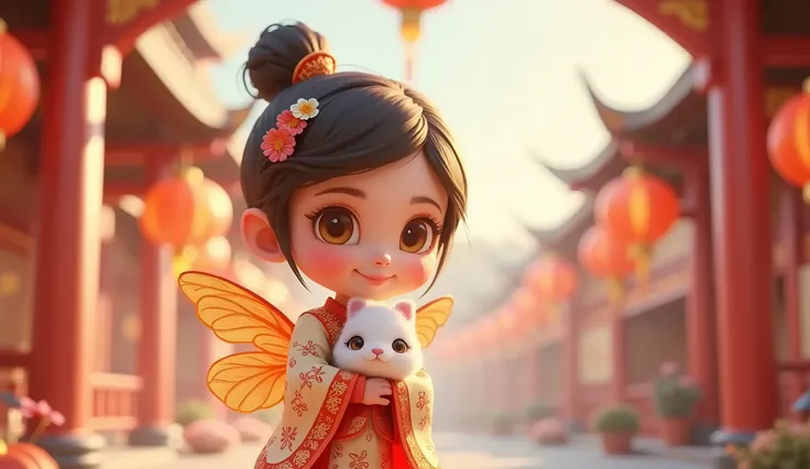 human fairy, holding a little rabbit, 3d chibi animation style, the scene is the Mid-Autumn Festival