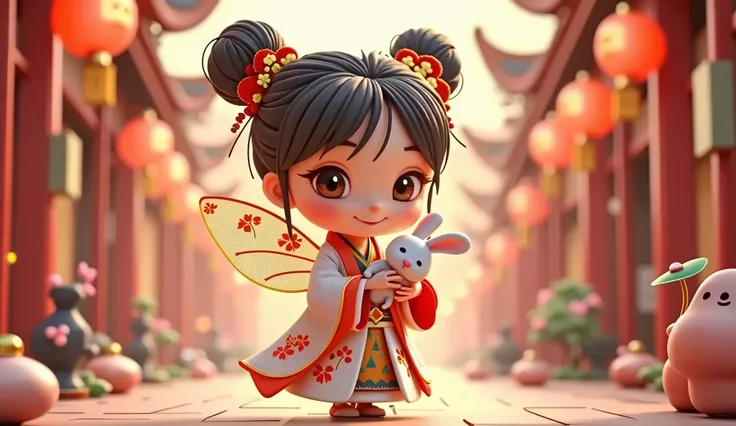 human fairy, holding a little rabbit, 3d chibi animation style, the scene is the Mid-Autumn Festival