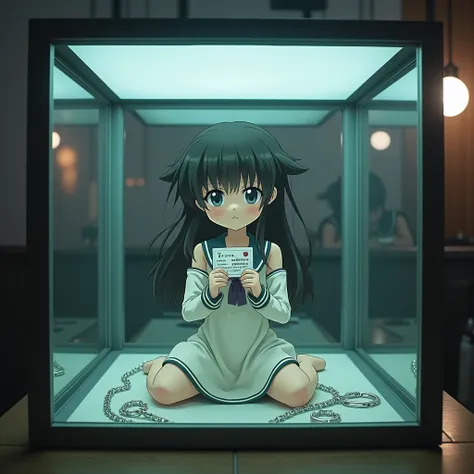 (Live-Action, Real), Very KAWAII Japanese JK trapped in a small cubic glass case, Hourglass-Shaped Body, (with Shackles), Yoke, a price tag that says “120,000 yen”.  (yoke), She Presenting ID-card, (Spectacular Reflection), (RAW ProfessionalPhoto:1.6). Sev...