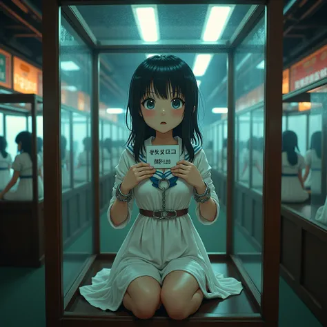 (Live-Action, Real), Very KAWAII Japanese JK trapped in a small cubic glass case, Hourglass-Shaped Body, (with Shackles), Yoke, a price tag that says “120,000 yen”.  (yoke), She Presenting ID-card, (Spectacular Reflection), (RAW ProfessionalPhoto:1.6). Sev...