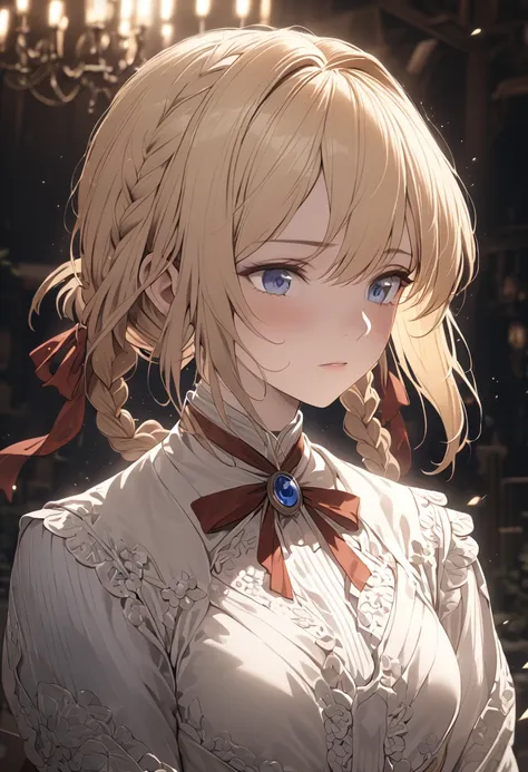 a beautiful detailed portrait of violet evergarden, blonde hair, blue eyes, hair ribbon, ribbon, short hair, braids, hair braids...