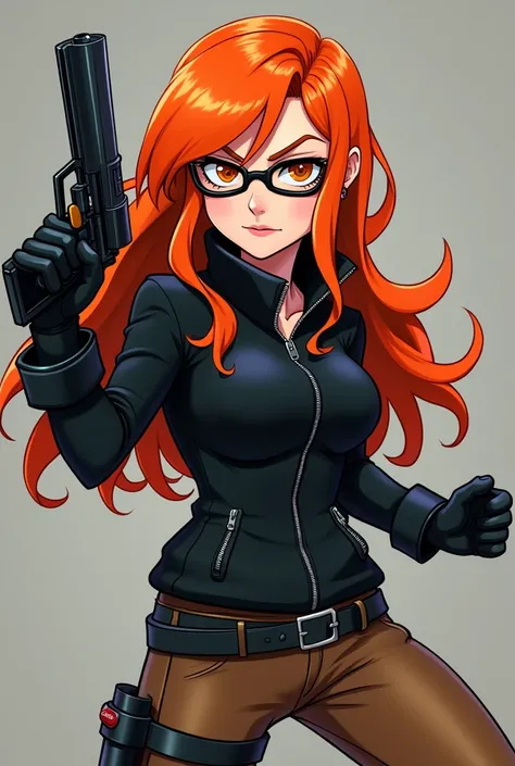 From Disney In Anime Infinity Style Kimberly Ann Possible Orange Hair Cool Evil With Gun Fighting Black Jacket Zipper Brown Pants 