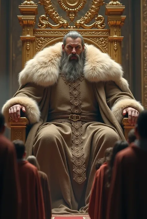 A giant, huge, 40 meters tall, Scandinavian royal attire and long fur cape, sitting on a gigantic golden throne in a Scandinavian palace, a crowd watches him at his feet, wide shot, perfect hands, perfect fingers, perfect eyes, extremely detailed skin, bes...