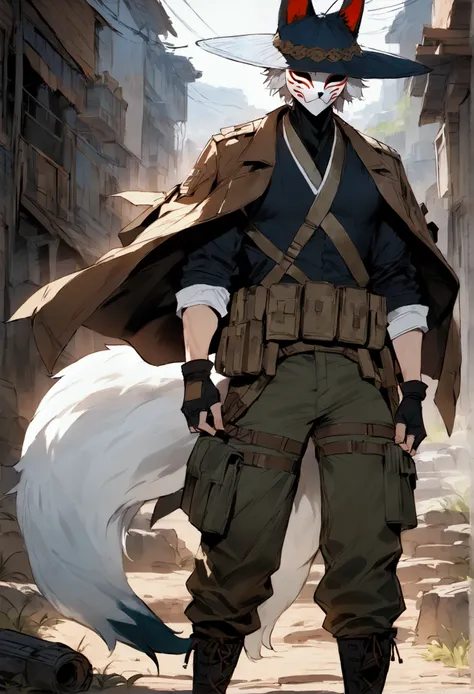 (solo), high detailed, (masterpiece), best quality, expressive eyes, perfect face, Male, Masked, handsome kitsune, male Kitsune, Fox boy, A tall, lean male Kitsune with silver hair and black tips, sharp golden eyes, and three sleek fox tails. Wears a wide-...