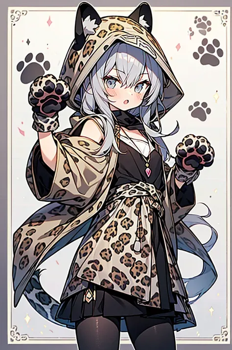 ((anime style hyper cute girl)),12years old,
gray long hair,((wearing _gray_leopard_print_clothes,
Witch dress,wearing_gray_leopard_ears_hood and tights,gray_leopard_paw_gloves)),cool girl,