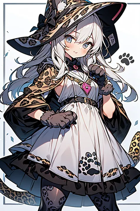 ((anime style hyper cute girl)),12years old,
gray long hair,((wearing _gray_leopard_print_clothes,
Witch dress,wearing_gray_leopard_ears_hood and tights,gray_leopard_paw_gloves)),cool girl,