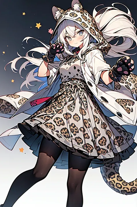 ((anime style hyper cute girl)),12years old,
gray long hair,((wearing _gray_leopard_print_clothes,
Witch dress,wearing_gray_leopard_ears_hood and tights,gray_leopard_paw_gloves)),cool girl,