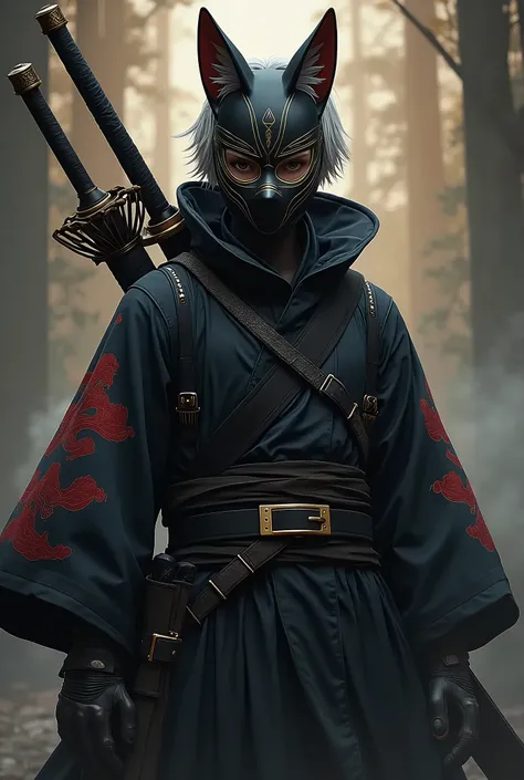 (male anbu black fox mask with gold lining at the eye), in Front view, (wearing akatsuki robe, white short hair), (Arrow bow and big dragon sword at back), (Destiny Game Theme)