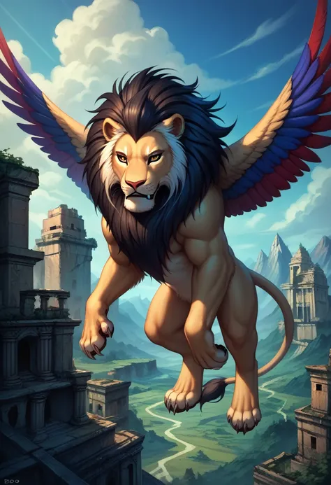 lion griffin, mytical creature, majestic, powerful wings, lion body, Eagle Head, olhar fierce, Sharp claws, pity, bico dourado, large size, flying, Mountains, Cloudy sky, ancient ruins, fantasy kingdom, Mythical landscape, epics, magical, mytical creature,...