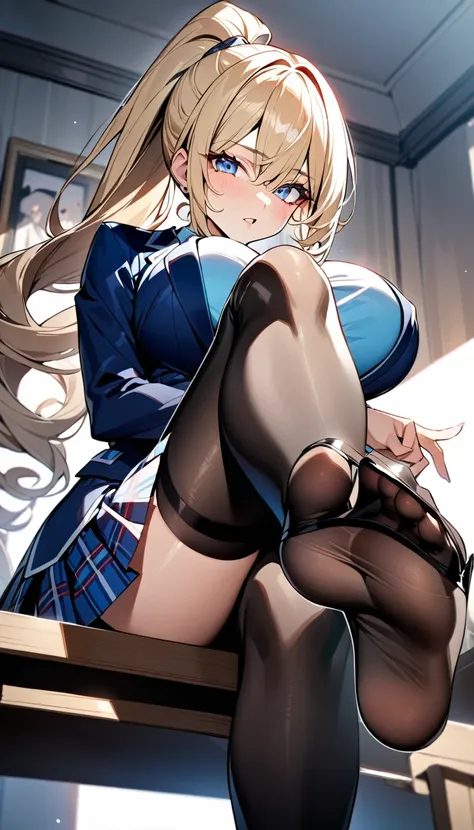 anime,(masterpiece: 1.2), (best quality: 1.2), perfect eyes, perfect face, perfect lighting, photo,BREAK,
Blonde, (Long ponytail: 1.4), (Very curly hair: 1.1), Bright blue eyes, (Big breasts: 1.6), BREAK, Blue Ribbon, BREAK,
((dark blue blazer, tartan chec...