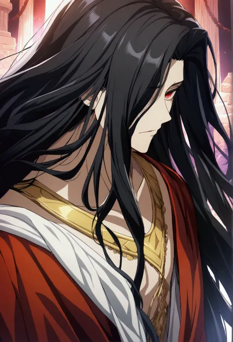 1 boy, black hair, long hair, red eyes, lifeless eyes, god Hades, Greek clothes, CG, close-up