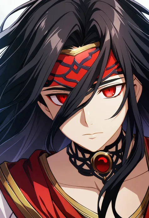 1 boy, black hair, long hair, red eyes, lifeless eyes, god Hades, Greek clothes, CG, close-up