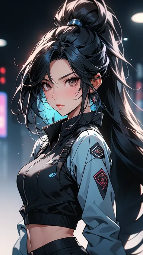 A close-up view of a semi-realistic anime-style woman with a fair complexion and long, sleek black hair styled in a ponytail. She has long black hair in a high ponytail, with parted bangs framing her sharp, focused expression. Her skin tone is warm tan but...