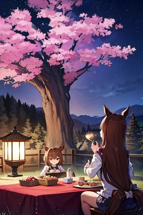 
beautiful night view with the Perseid meteor shower 🌠 We are having a cherry blossom viewing party under the night cherry blossoms 🌸 The cherry blossoms are blooming 🌸 We are eating picnic bento 🍱 Eating food in the bento栗毛の馬に乗って🐎　There is a chestnut hors...