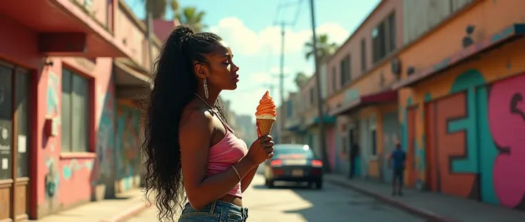 Cyberpunk. Sci-fi. Realistic. Futuristic. A street with lots of chicano paintings on walls. A female eating an ice-cream. Shes african-american, long flowing hair, tall, curvy, busty, and bubble-butt. Shes dressed in casual yet practical clothes. Sunny, hi...