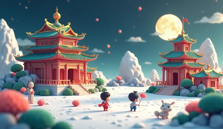 The scene on the moon features enchanting palaces in Chinese style, designed in 3D chibi animation.