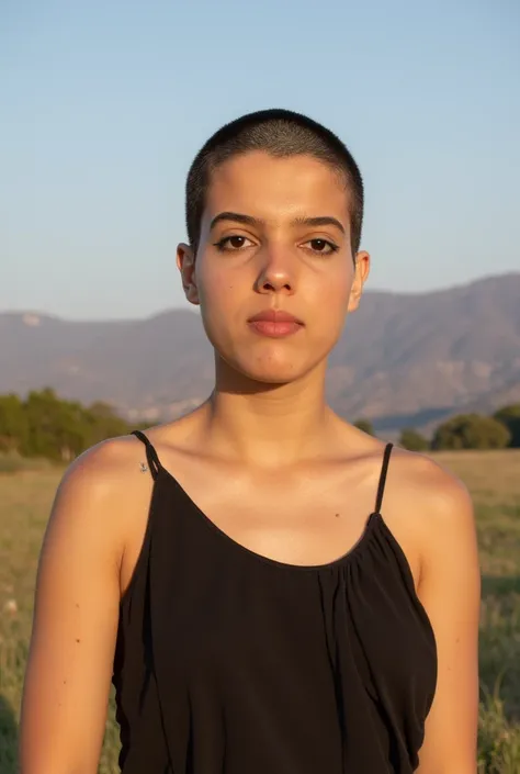 beautiful woman, short severely shaved undercut hair, wearing a black sun dress, very short closely shaved dark hair, dress flowing in the warm breeze of the mountains