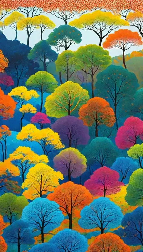 painting depicting a group of trees with colorful leaves, colorful trees, colorful otherworldly trees, forest colors, vibrant co...