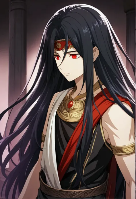 1 boy, black hair, long hair, red eyes, lifeless eyes, god Hades, Greek clothes, CG, teenage