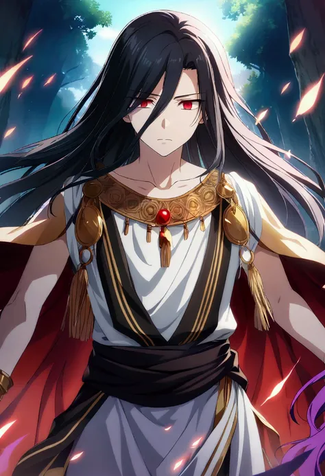 1 boy, black hair, long hair, red eyes, lifeless eyes, god Hades, Greek clothes, CG, teenage