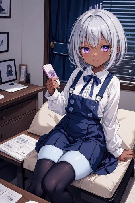 Create a scene of a cute, dark-skinned anime girl with short silver hair and deep purple eyes, dressed in her navy blue and white outfit with thigh-high stockings. She is sitting at her desk, smiling playfully at the camera while holding a notebook with do...