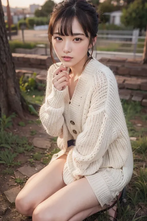 Professional photo-realistic images, (on green in sunset park), (No bra and wearing a loose white pullover) A cute Japanese woman with fluffy short hair 20 years old, she is crouching, leaning forward, and placing her hands on her knees. the pullover colla...