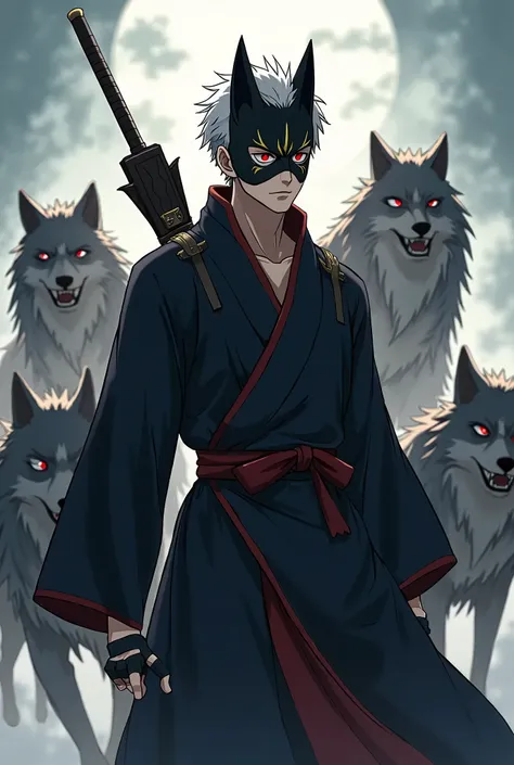 (male anbu Wearing black fox mask with gold lining at the eye), (Anbu Commander), (Handsome Man), in Front view, (wearing akatsuki robe, white short hair), (Arrow bow and big dragon sword at his back), DireWolve Pack Following A Man, Anime Theme Photos