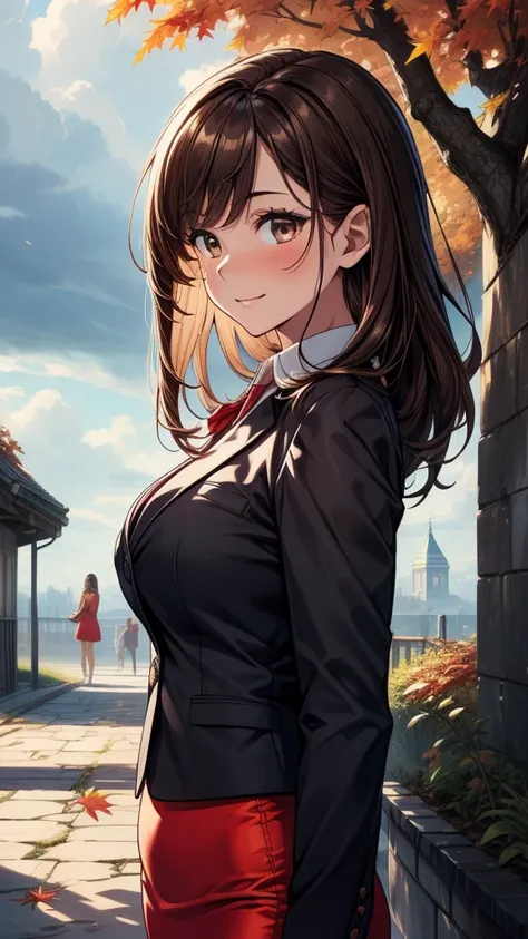 ((((masterpiece, best quality:1.8, high detail)))), (1girl), beautiful woman, smile, bright (brown eyes), large breasts, shy, wide-eyed, blush, solo focus, long hair, ((dark brown hair)), ((red blazer and white collar shirt)), tie, ((black midi pencil ((sk...