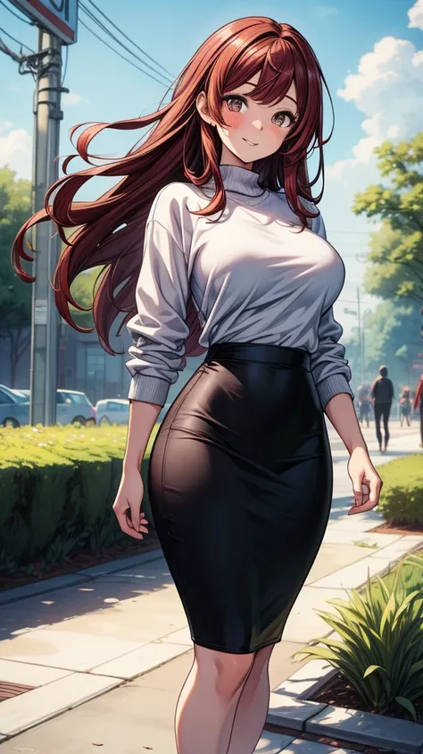 ((((masterpiece, best quality:1.8, high detail)))), (1girl), beautiful woman, bright brown eyes, ((large breasts)), shy, smile, wide-eyed, blush, solo focus, long hair, ((dark red hair)), ((white sweatshirt)), ((black midi pencil ((skirt)))), (((long black...