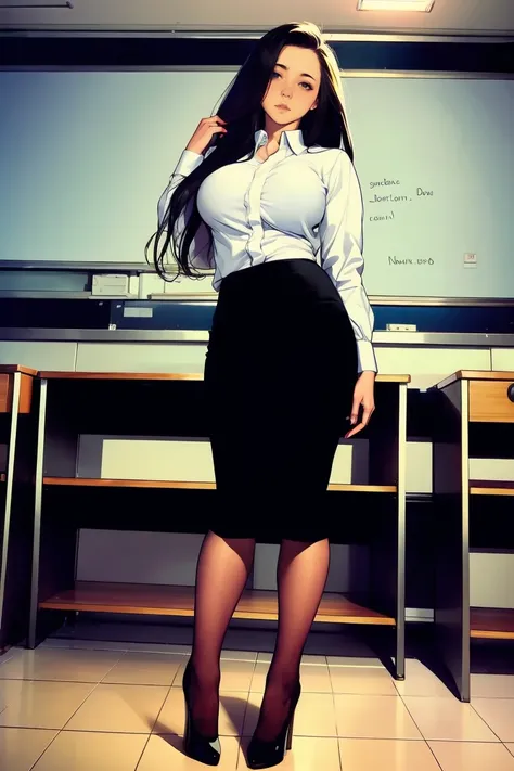 1 female, teacher, straight black very long hair, thick eyebrows, large breast, wearing long sleeve white shirt and black pencil...