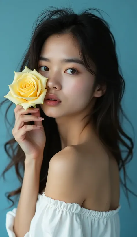 a young beautiful indonesian girl age 28, doing a photoshoot at the studio. the backdrop is nice plain blue color. she wearing a nice white top. her right hand holding a soft yellow rose close her right eye. smile beautiful seductively. hyper detailed. ult...