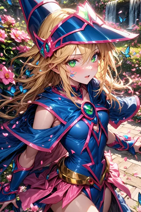 absurdres, highres, ultra detailed, hdr, master piece, dark magician girl, blonde hair, expressive green eyes, woman, best quali...