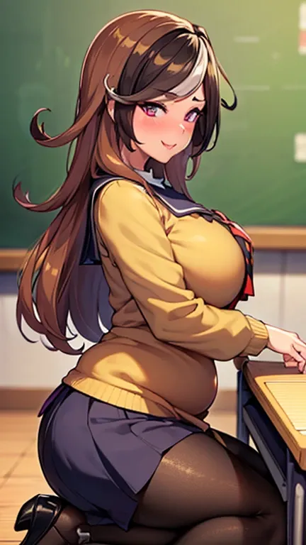 ((sexy girl))nsfw,glamorous, blushing, flushed face, slutty school outfit, school uniform, tall, dark skin, extremely long black hair, amber eyes, sexy, voluptuous, student, gyaru, large breasts, teen, anime, high definition, hair over eye, friendly, (((((...