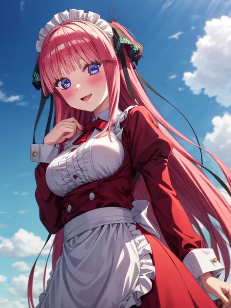 best quality, insanely detailed, breasts, blush, looking at viewer, cheerful eyes, sky background, exposed skin, glossy skin, red Maid outfit, nino nakano