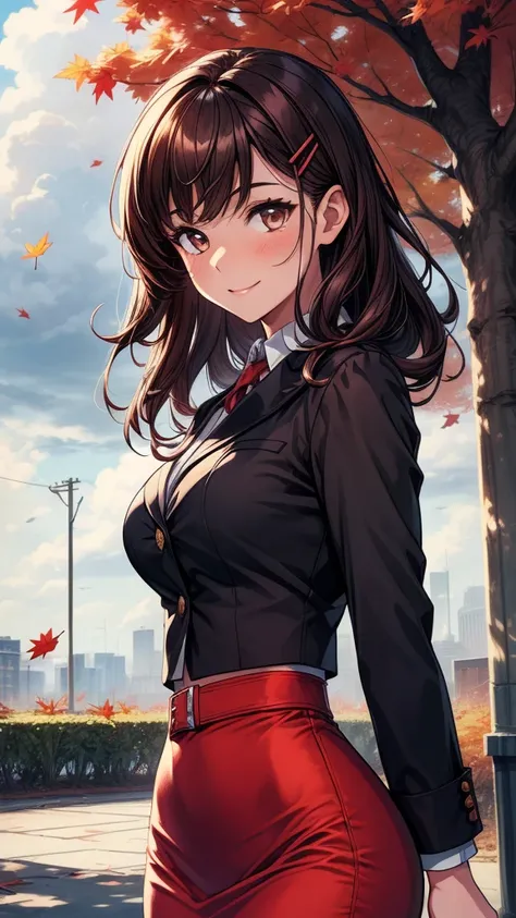 ((((masterpiece, best quality:1.8, high detail)))), (1girl), beautiful woman, smile, bright (brown eyes), large breasts, shy, wide-eyed, blush, solo focus, long (wavy hair), (burgundy hair), (hairpin), (red blazer), (white collar shirt), tie, ((black midi ...