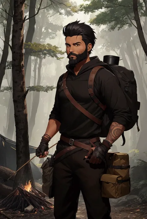 Male character approximately 30 years old, dark brown skin tending to black, descendant of Indians and Africans, with an athletic physical type, brown eyes, black hair with short half pompadour cut, short black beard, black t-shirt with a skull design in t...