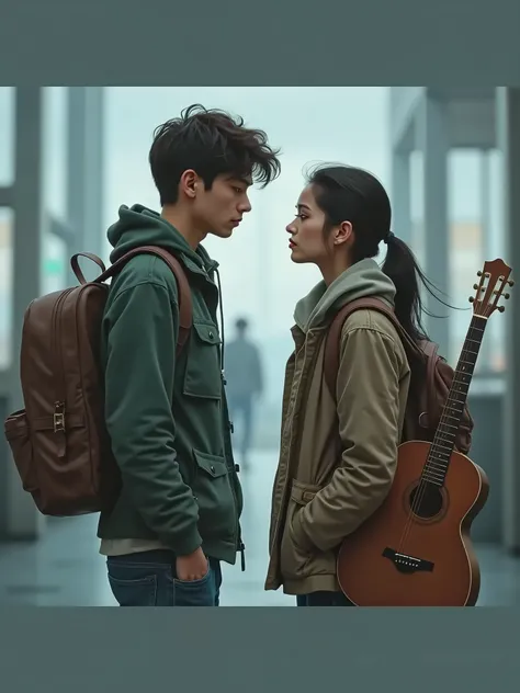 A couple looking at each other, parting, looking at each other, boy carrying a backpack, girl carrying a guitar, realistic style, cool tone 